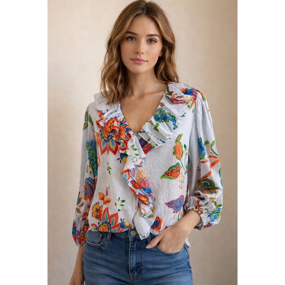 Chelsea & Violet Floral Ruffle V-Neck Long Sleeve Blouse White Orange Blue New S